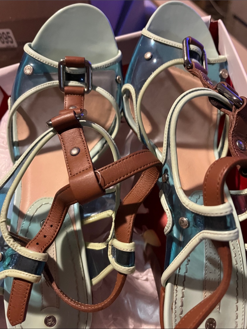 Celine Teal and Brown Leather Strappy Sandals